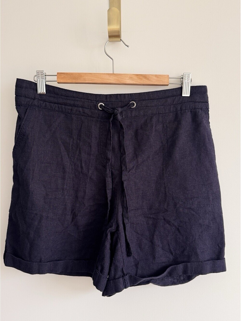 Per Se Linen Blend Drawstring Shorts Navy Blue Size M Casual Summer Pull On